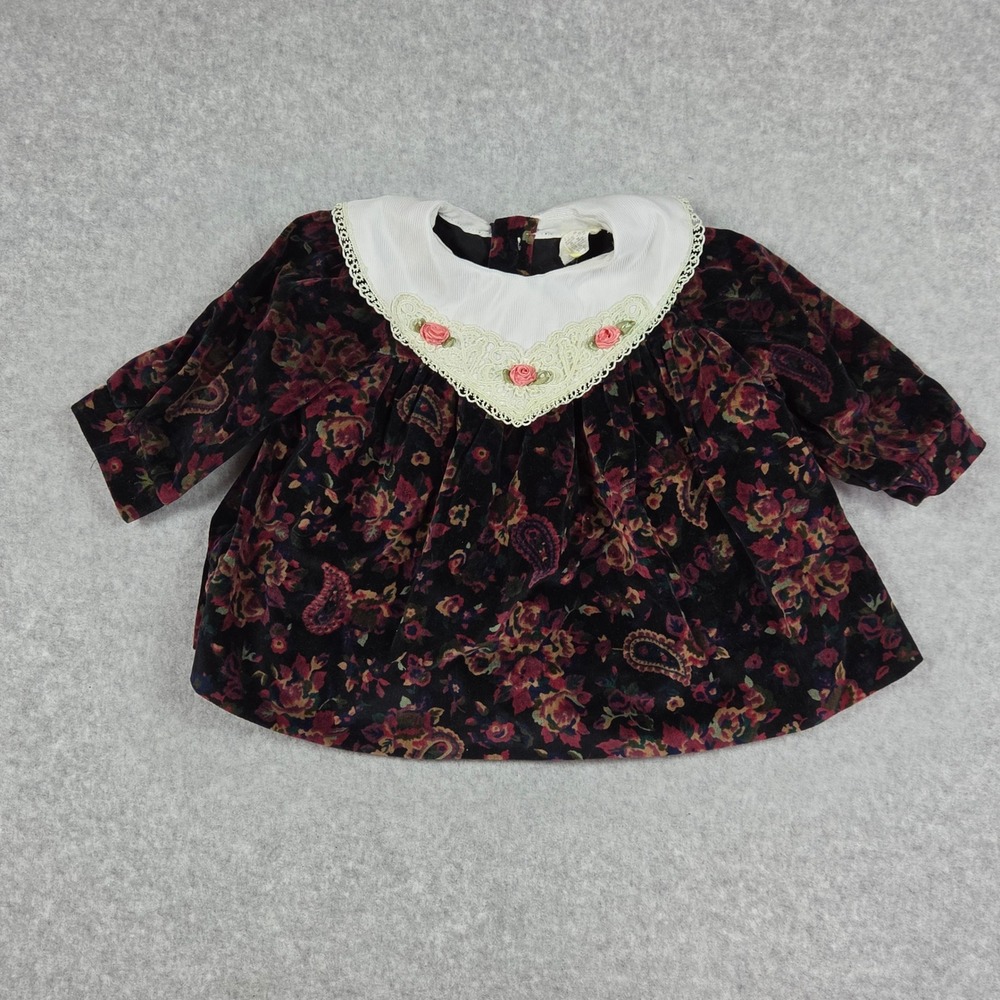 Vintage Floral Paisley Velvet Baby Dress Collar 3-6M Cottagecore Coquette Fall